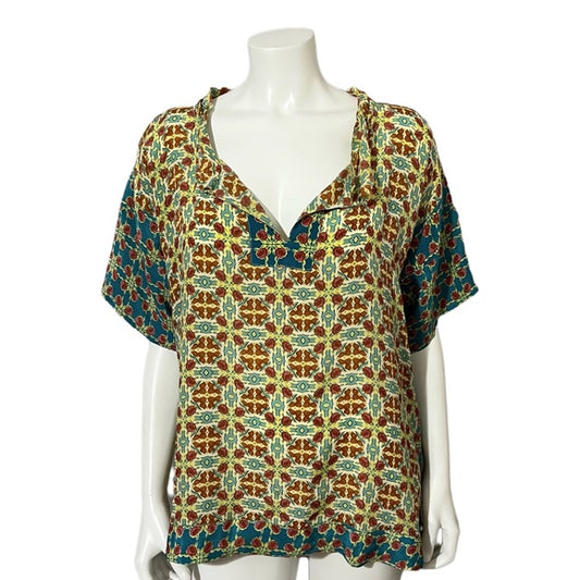Sundance Multi-Color Print 100% Silk Short Sleeve Top Sz Large