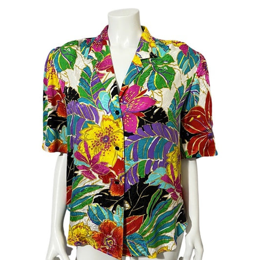 Vintage Hawaiian Print Multicolor Floral Print Silk Short Sleeve Top Sz-10