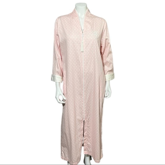 Vintage Miss Elaine Pink Polka Dot Cotton Zip Up Nightgown Sz-Medium