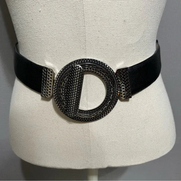 Chico’s Black Leather Adjustable Belt With Circle Metal Buckle Sm/Med