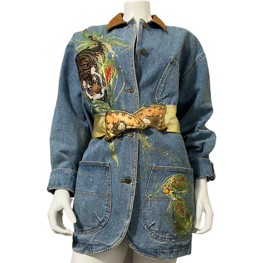 Cotton Denim Sunbelt Tiger Graphic Print Oversized Jacket Sz-Med-Large