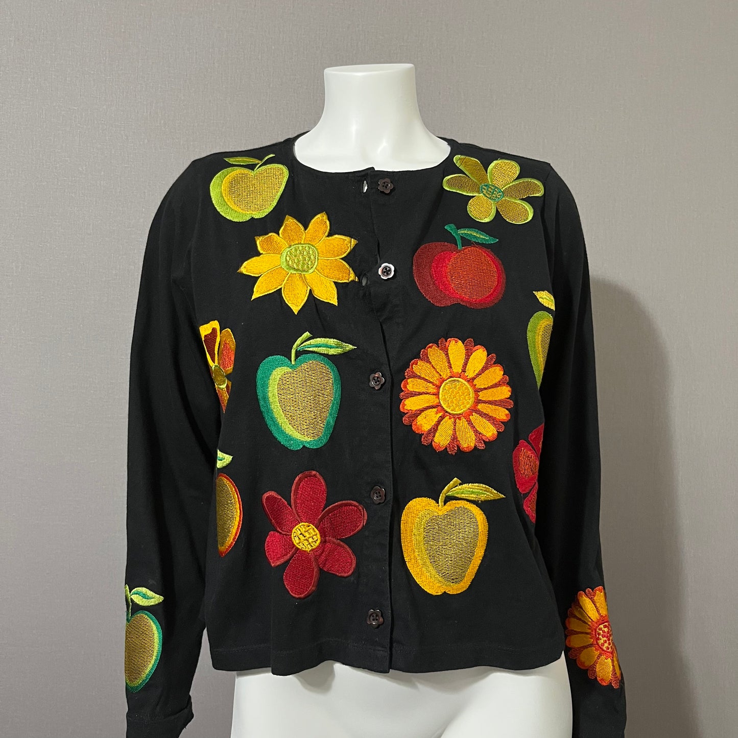 Cotton Black Fruit Embroidered Open Front Blazer Sz-Medium