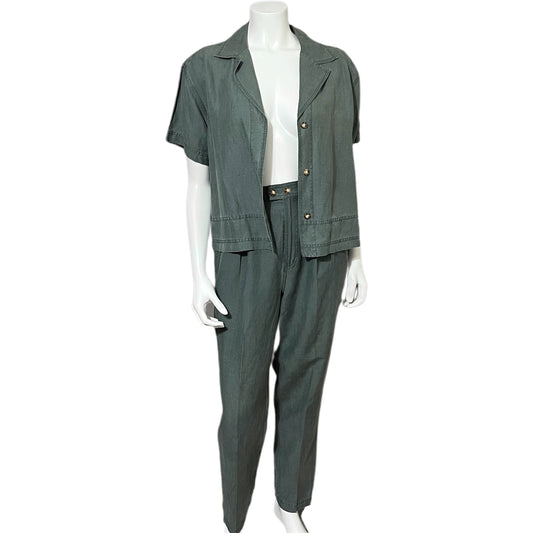 Debra DeRoo Green Silk/Linen Blend 2 Pc Pant Set Sz-Small