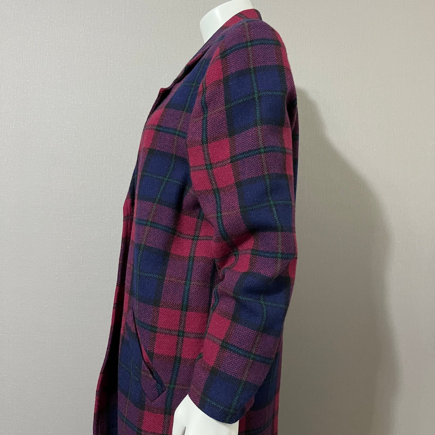 Wool Branigan Weavers Plaid Burgundy/Navy Longline Coat Sz-Small