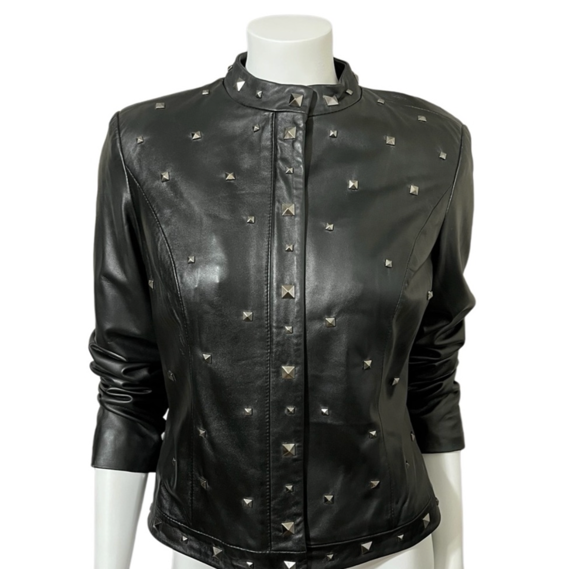 Leather Yvonne & Marie Silver Studded Black Moto Leather Jacket Sz-6 Small