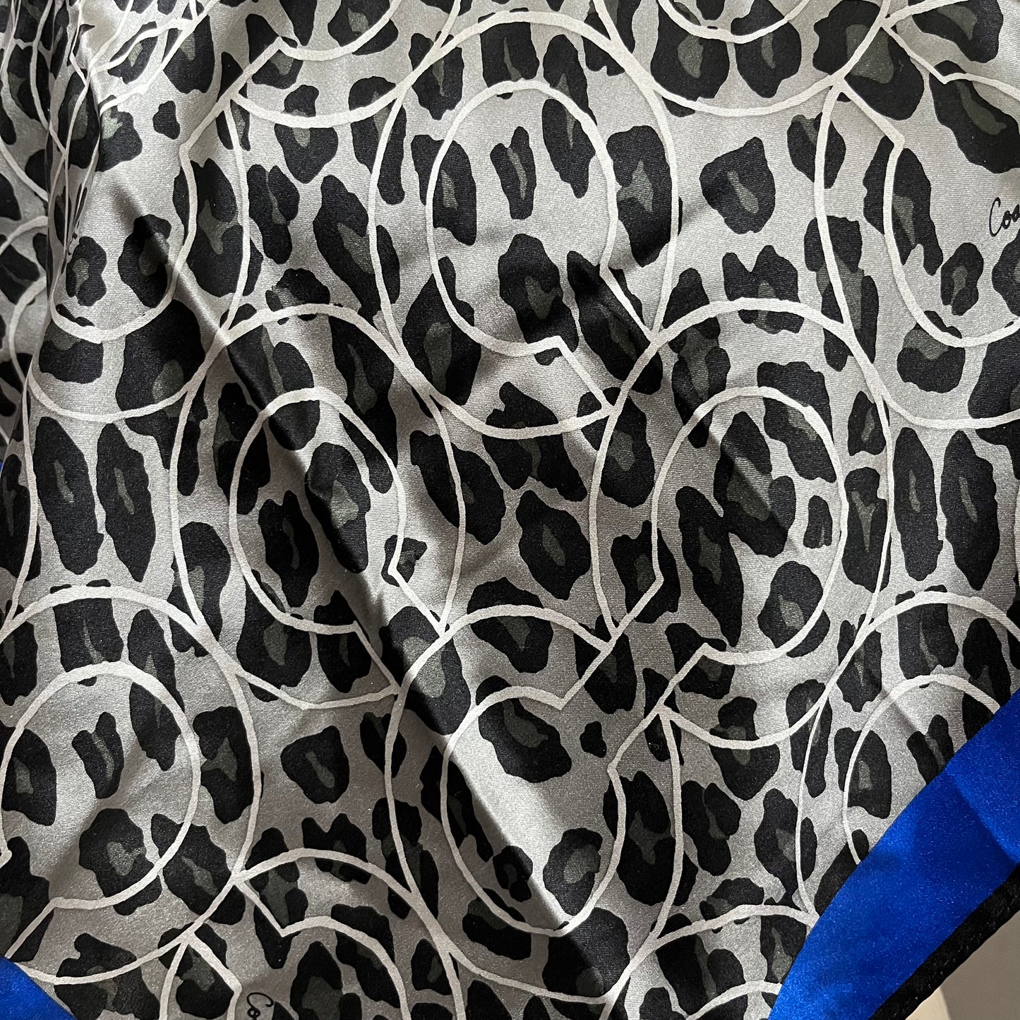 Coach Signature Blue/Silver/Black Animal Print Silk Scarf