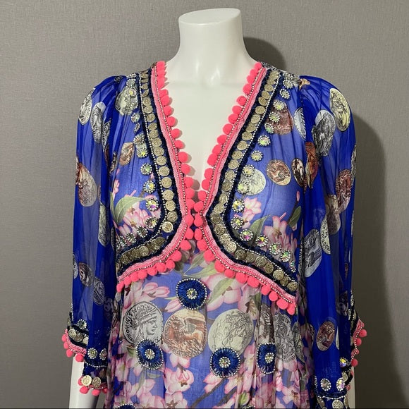 Jode Royal Blue | Pink Silk Pom Pom Tunic Top 3/4 Sleeve Sz Extra Large