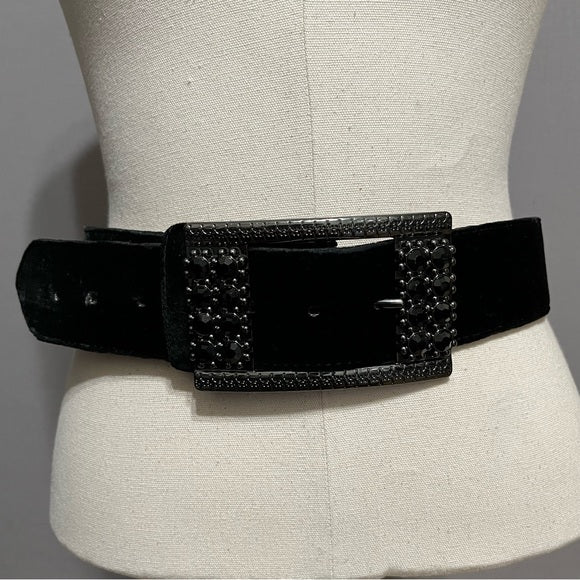 Chico’s Black Velvet Leather Gunmetal Gray Rhinestone Belt Sz-Small/Medium
