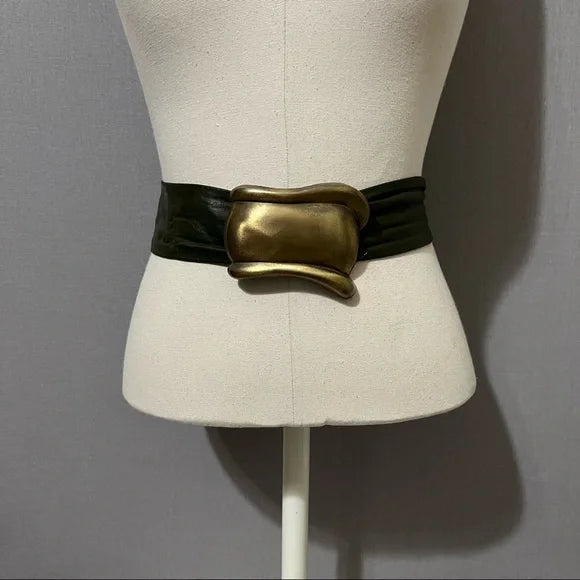 Vintage Green Leather With Large Square Adjustable Buckle Sz-Large