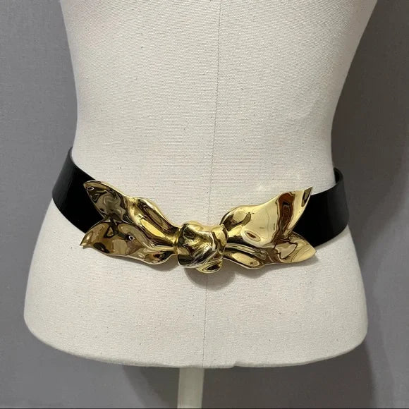 Vintage Black Leather Gold Floral Buckle Adjustable Belt Sz-Small/Large