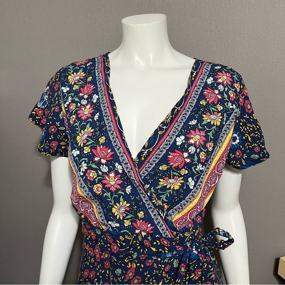 Floral V-Neck 100% Cotton Multicolored Maxi Wrap Dress Sz-Medium