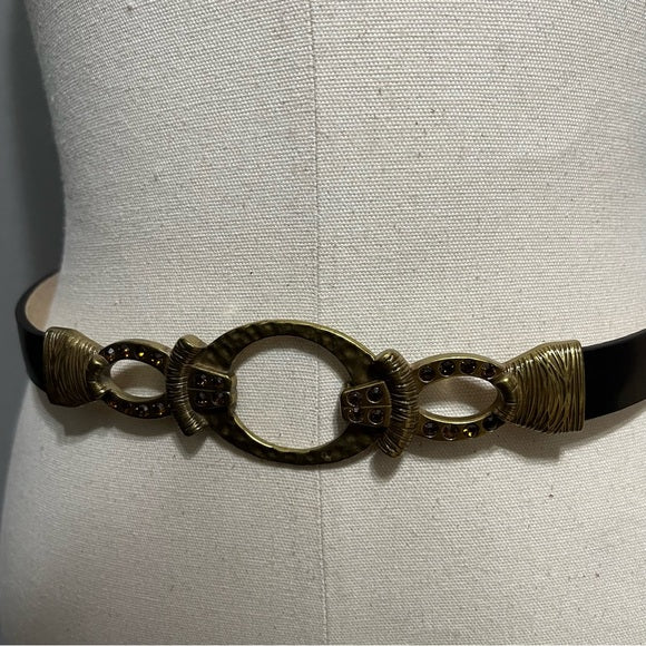Chicos Chocolate Brown Thin Antique Gold Jeweled Leather Adjustable Belt