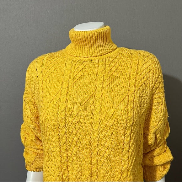 Wainscott Mustard Yellow Cotton Chunky Cable Knit Turtleneck Sz-Large