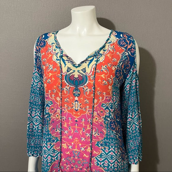 Tolani Multi-Color Silk Tunic Top Exposed Shoulder Long Sleeve Sz Large