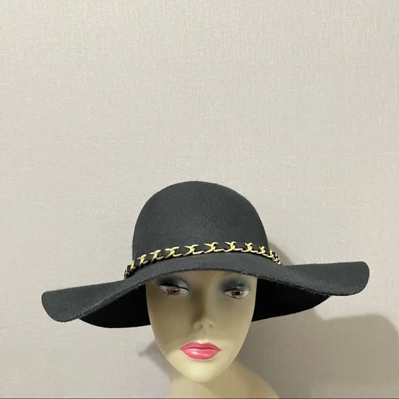 Black 100% Wool Floppy With Gold Chain Hat Sz-One Size