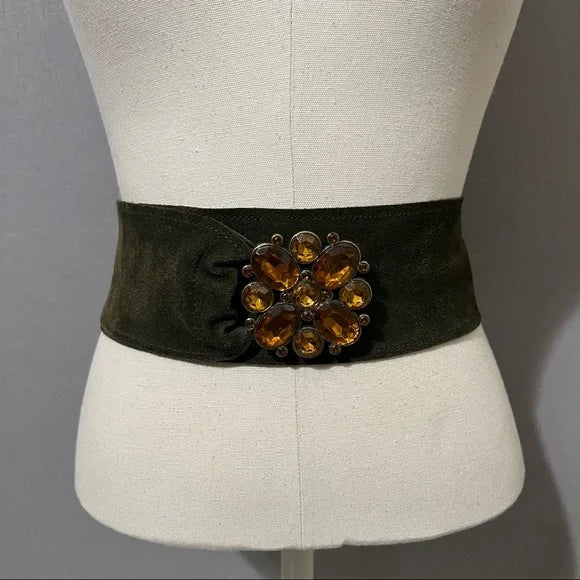 Vintage Olive Green Wide Suede Leather With Floral Buckle Belt Sz-XL