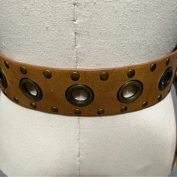 Cognac Wide Belt With Metal Circle Details Large