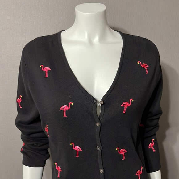 Mercer & Madison Black V-neck Cardigan Flamingo Print Sz- Large