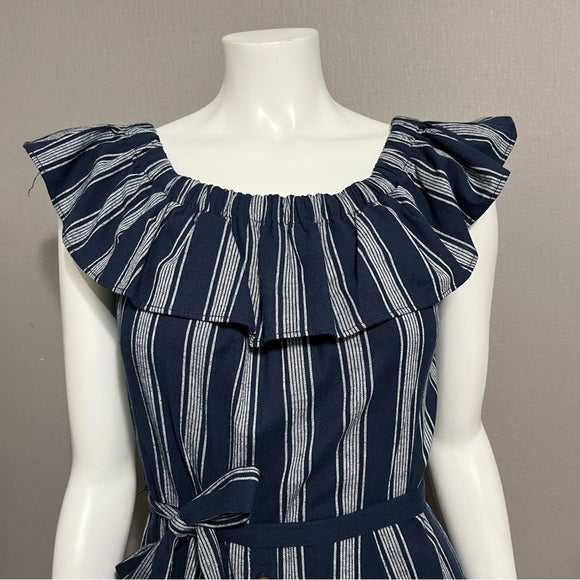 Vivi by Violet Weekend Ruffle Collar Navy Cotton Striped Dress Sz-Medium