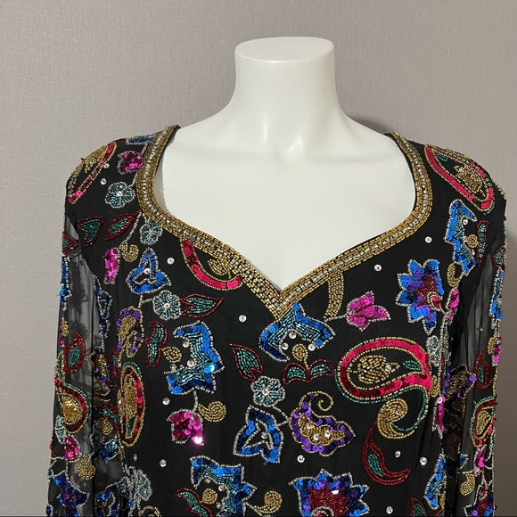 Vintage Sequin Silk Black With Sheer Sleeve Sweatheart Neckline Sz-Xtra Large