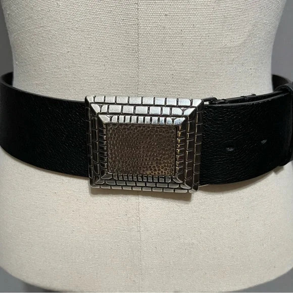 Chico’s Black Genuine Leather Wide Belt With Silver Square Buckle Medium