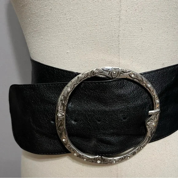 Vintage Black Leather Wide With Large Circle Buckle