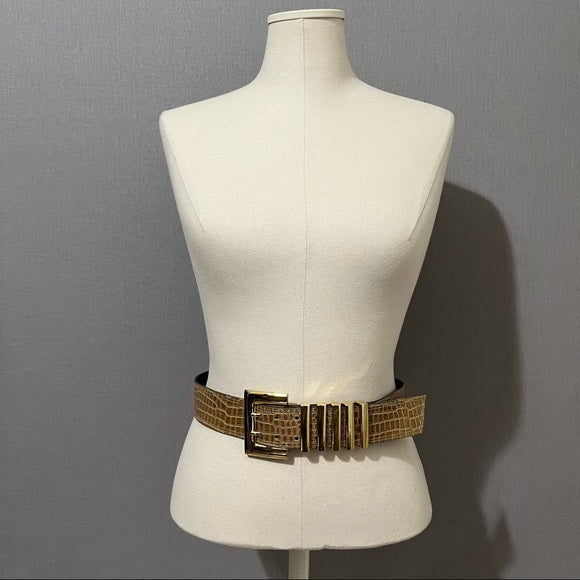 Escada Brown Patent Textured Leather With Gold Buckle Belt Sz-Medium