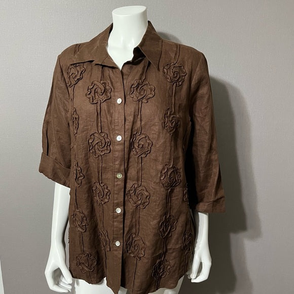 Edward Women Chocolate Linen Raise Floral Shirt Sz-1X