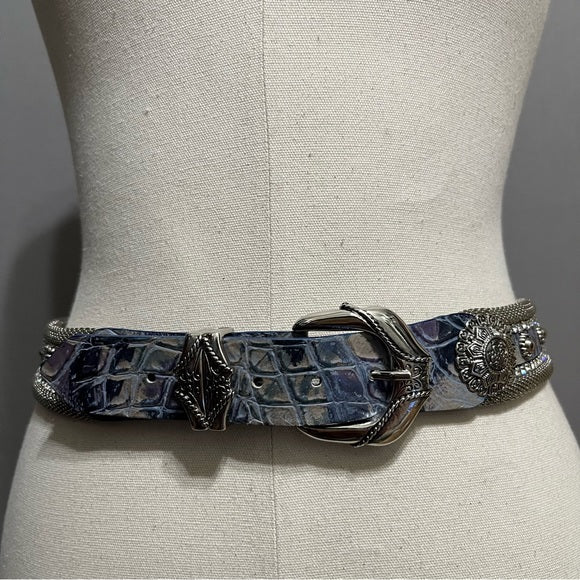 Blue Rhinestones Silver Metal Made In Italy Leather Belt Sz-Large