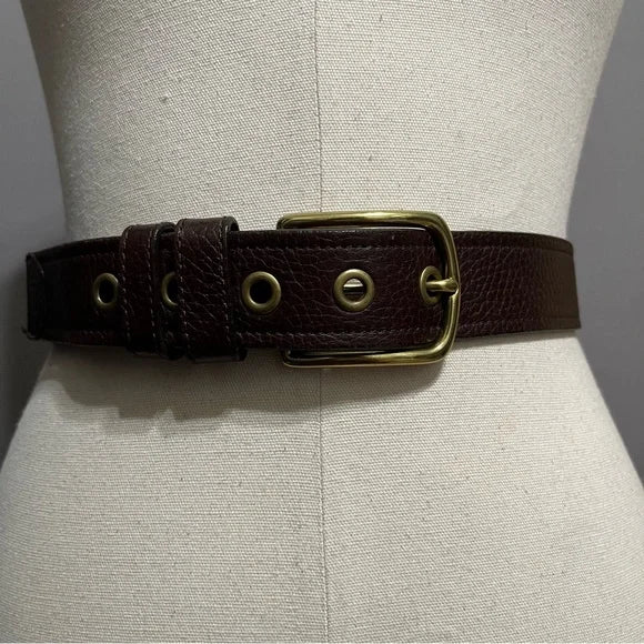 Tommy Hilfiger Burgundy Leather Antique Gold Buckle Belt Sz-Medium