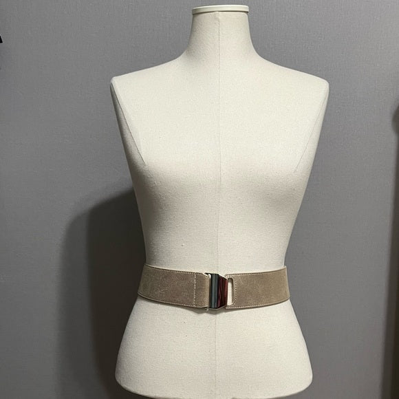 White House Black Market Leather Shimmer Gold Buckle Stretch Belt Sz-Medium