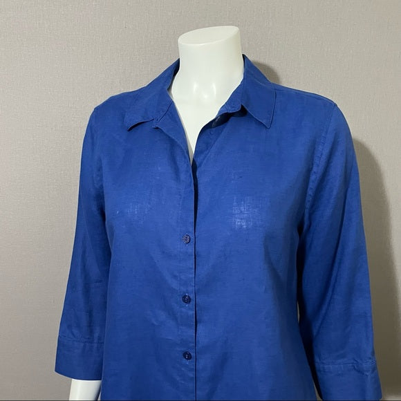 Chico’s Royal Blue Linen Button Front 3/4 Sleeve Sz 1 (Medium)