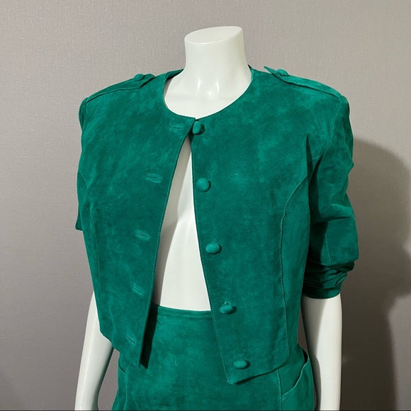 Vintage Cedars Green 2 Pc Suede Leather Skirt Suit Set Sz-Medium/Large