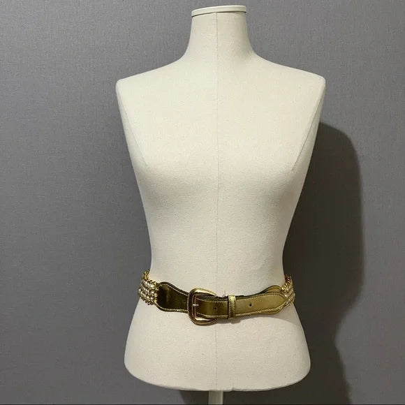 Gold Leather With Pearl Beaded Belt Sz-Medium-Large