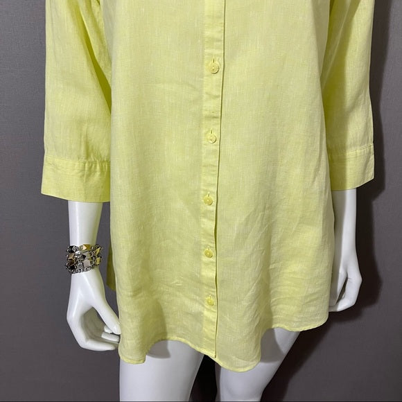 Chico’s Yellow Button Front Linen Shirt 3/4 Sleeve Sz-Medium