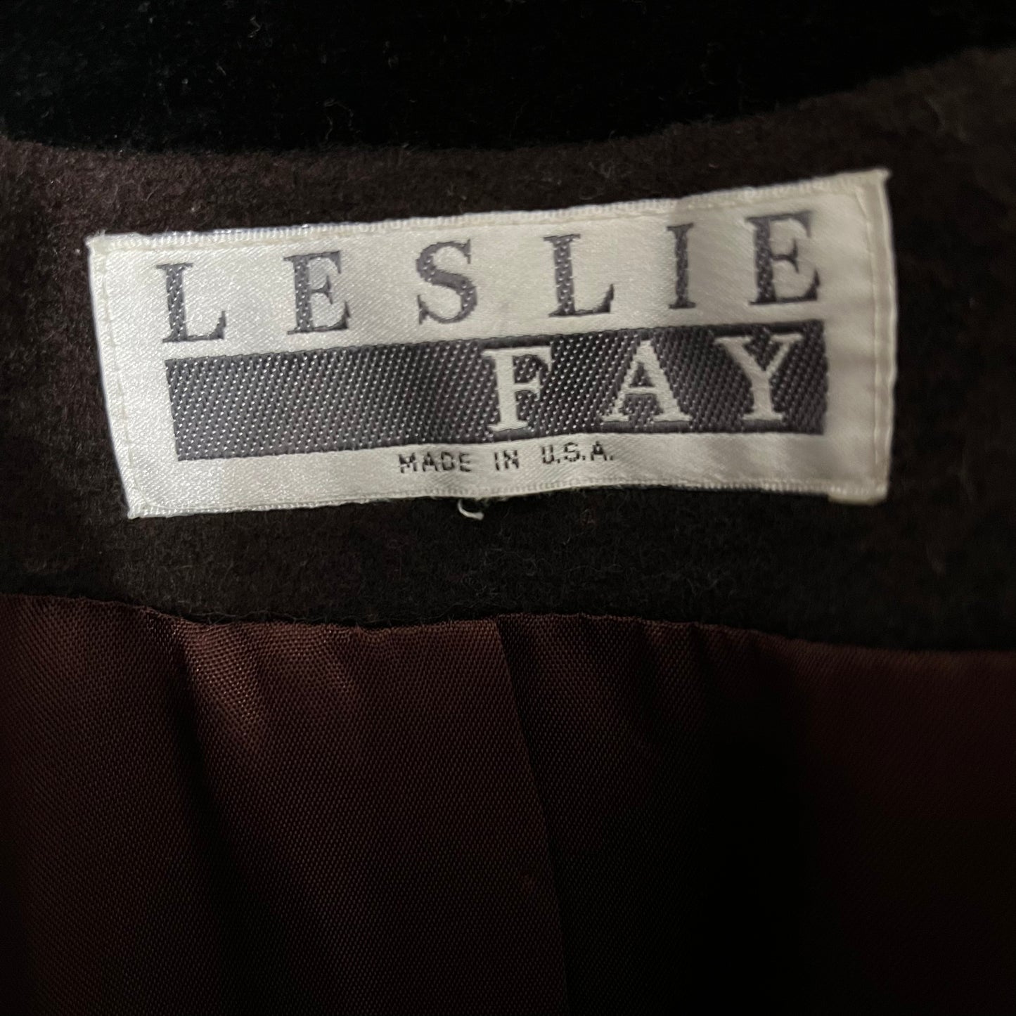 Vintage Leslie Fay Brown 100% Wool Velvet Collar Longline Coat Sz-8