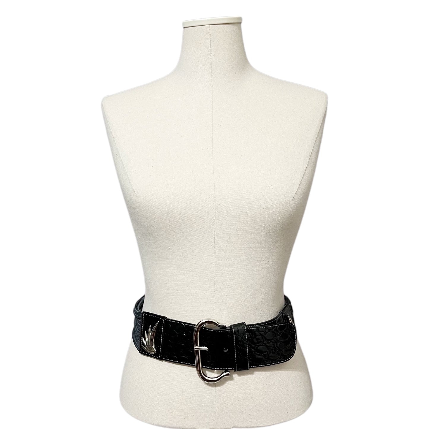 Vintage Escada Black Patent Leather With Strings Silver Hardware Belt Sz-40