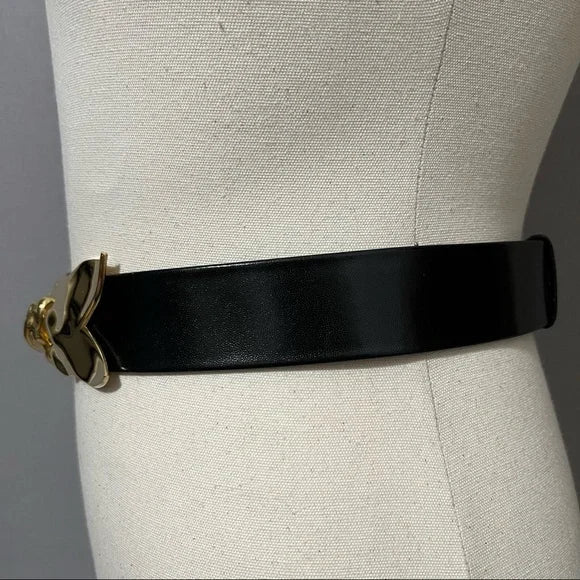 Vintage Black Leather Gold Floral Buckle Adjustable Belt Sz-Small/Large