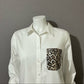 Chico’s White with Leopard Pocket Cotton Button Front Shirt Sz 1 (Medium)