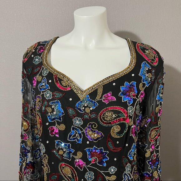 Vintage Sequin Silk Black With Sheer Sleeve Sweatheart Neckline Sz-Xtra Large