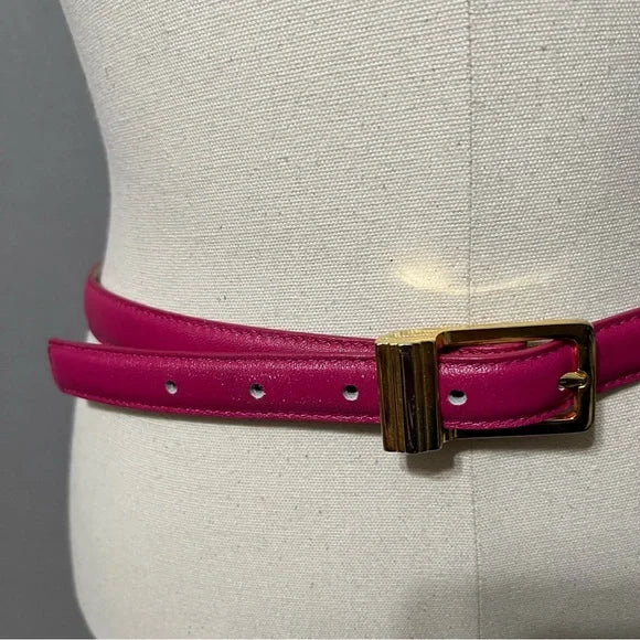 Pink Leather Skinny Belt With Gold Buckle Sz-Large