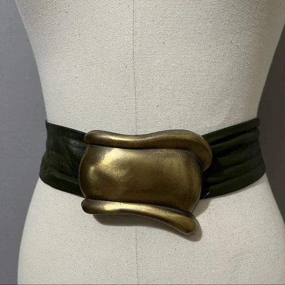 Vintage Green Leather With Large Square Adjustable Buckle Sz-Large