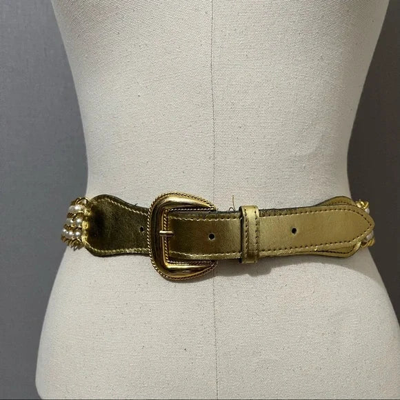 Gold Leather With Pearl Beaded Belt Sz-Medium-Large
