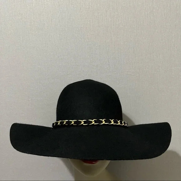 Black 100% Wool Floppy With Gold Chain Hat Sz-One Size