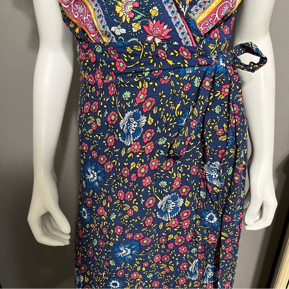 Floral V-Neck 100% Cotton Multicolored Maxi Wrap Dress Sz-Medium