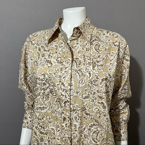 Jones New York Brown Leaf Print Cotton Button Front Shirt Sz-1X
