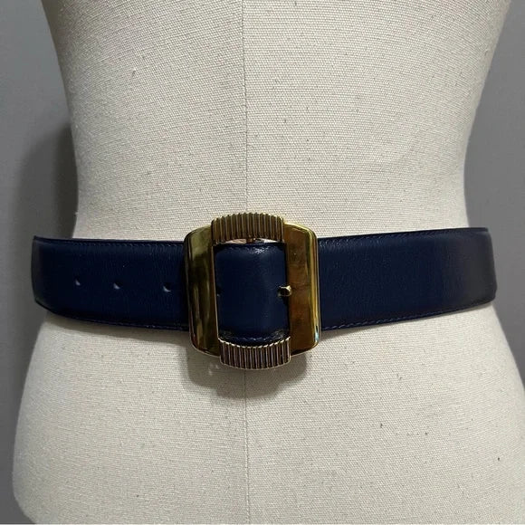 Liz Claiborne Vintage Navy With Gold Buckle Leather Belt Sz-Large