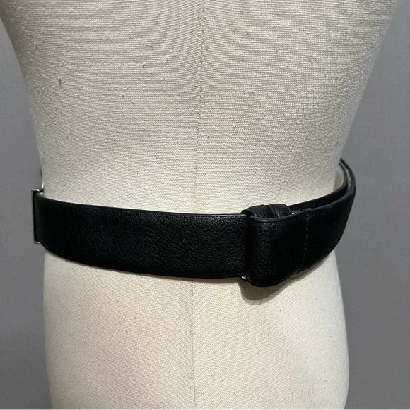 Chico’s Black Leather Adjustable Belt With Circle Metal Buckle Sm/Med