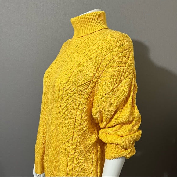 Wainscott Mustard Yellow Cotton Chunky Cable Knit Turtleneck Sz-Large