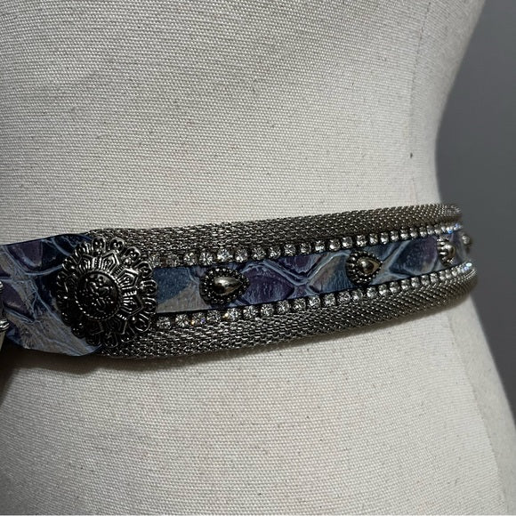 Blue Rhinestones Silver Metal Made In Italy Leather Belt Sz-Large